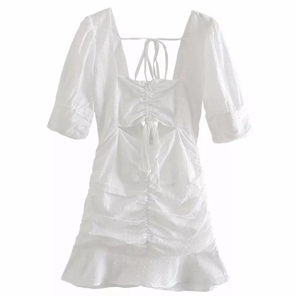 SOLD OUT CLEARANCE White Ruffled Swiss Dot Keyhole Mini Dress - Picture 5 of 10